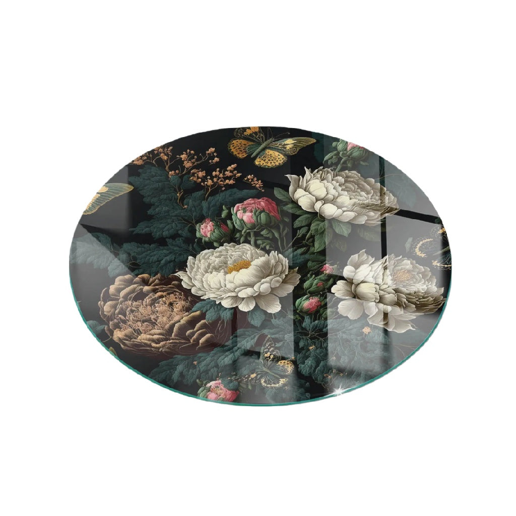Dessous de verre rond en verre avec motif floral vintage et papillons